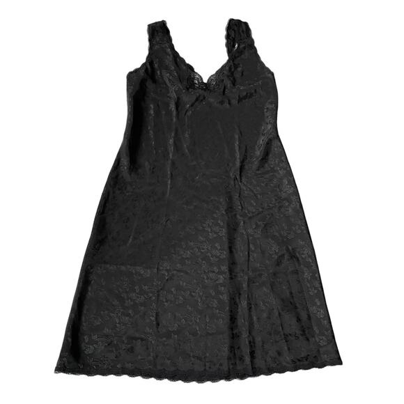 Vintage 1970s Barbizon Slip Dress Midi Lace Trim Floral Vines Black L EUC - Picture 10 of 13